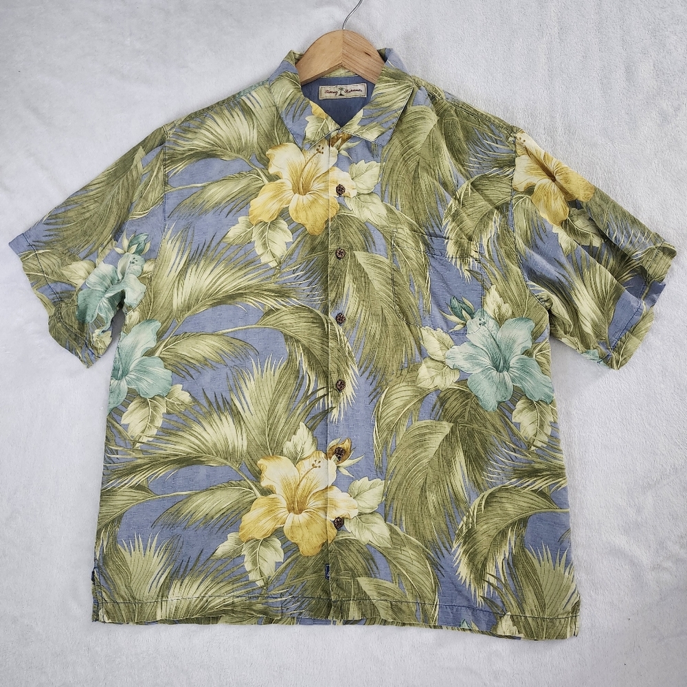 TOMMY BAHAMA Men's Tropical Blue Green Leaf Floral Casual Silk‎ Shirt Large